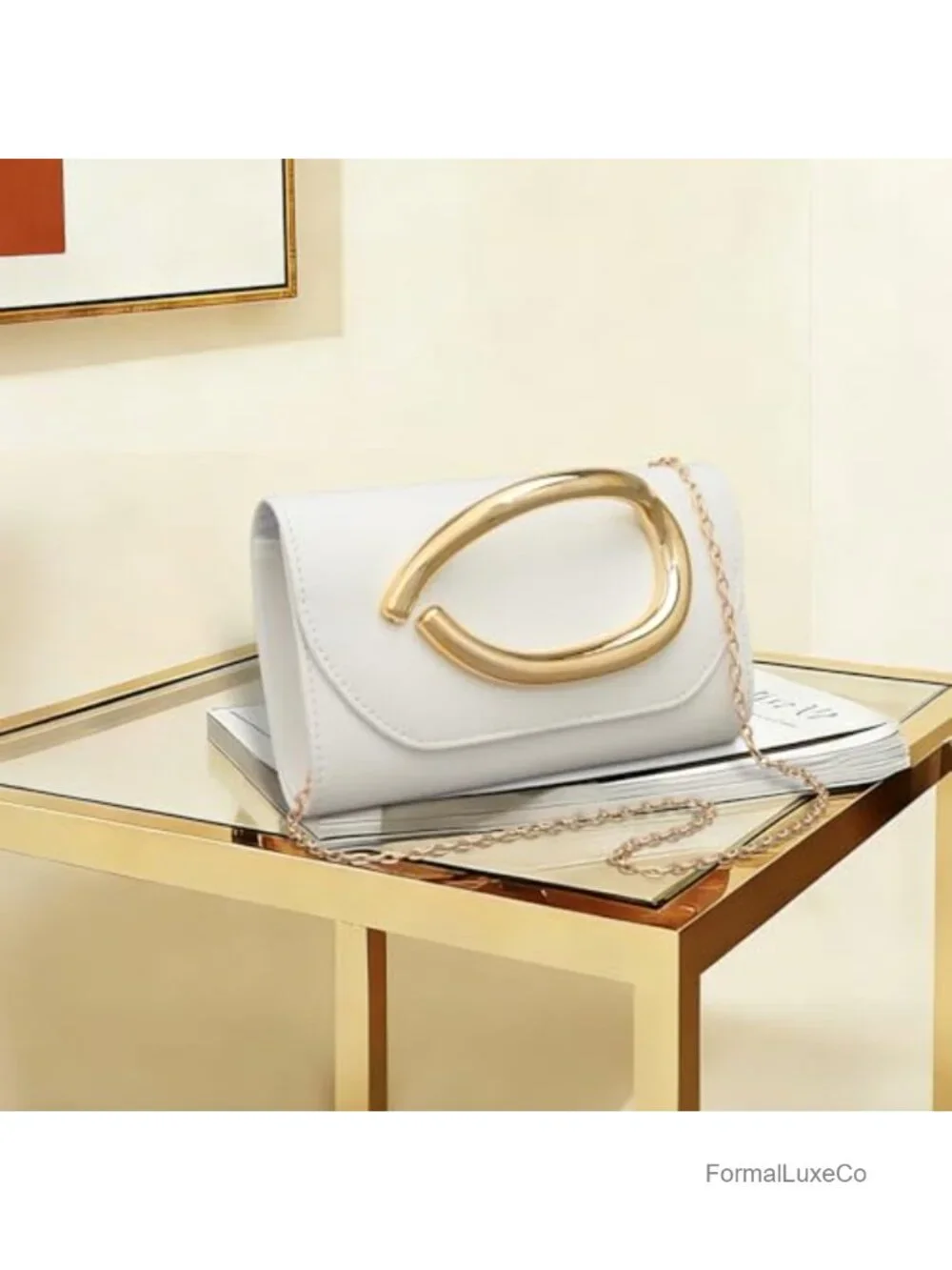 Vegan Leather Clutch Purse with 3D Gold Acrylic Handle & Chain, Formal Evening